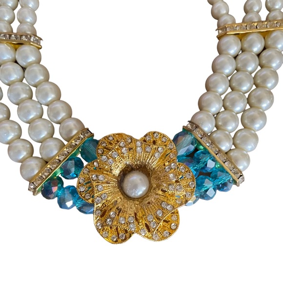 Multi-strand Pearl Necklace with Gold-tone and Rhinestone Flower - Picture 4 of 6